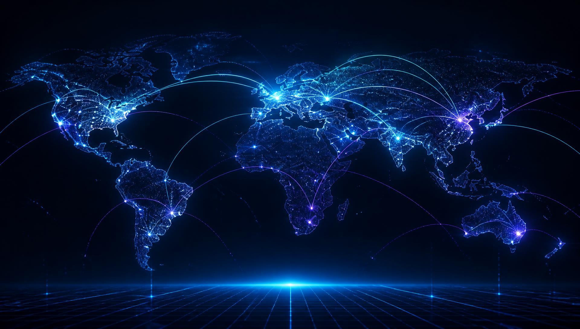 Glowing digital world map with global connection lines